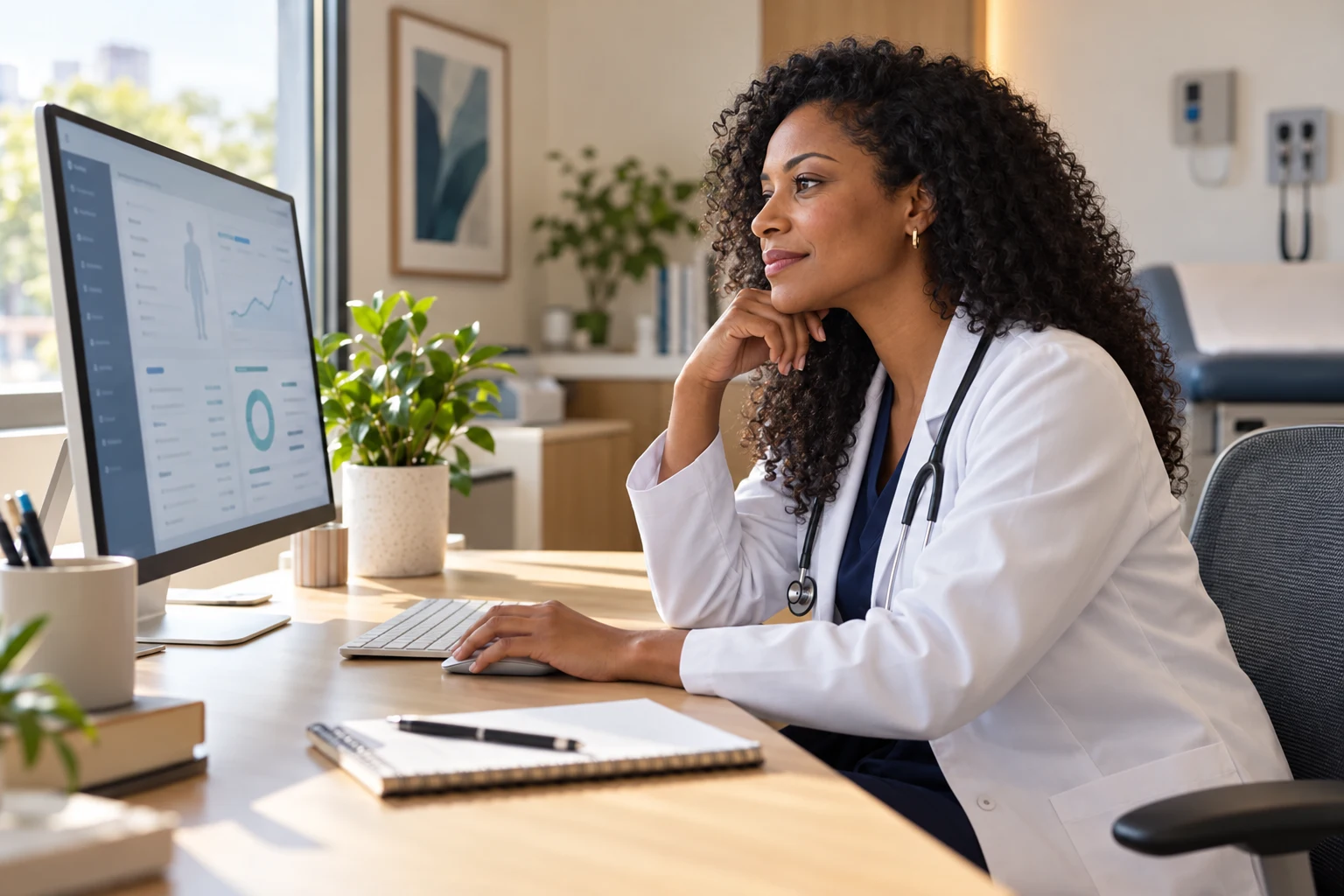 Ilustração fotográfica de médica em consultório utilizando um sistema de saúde